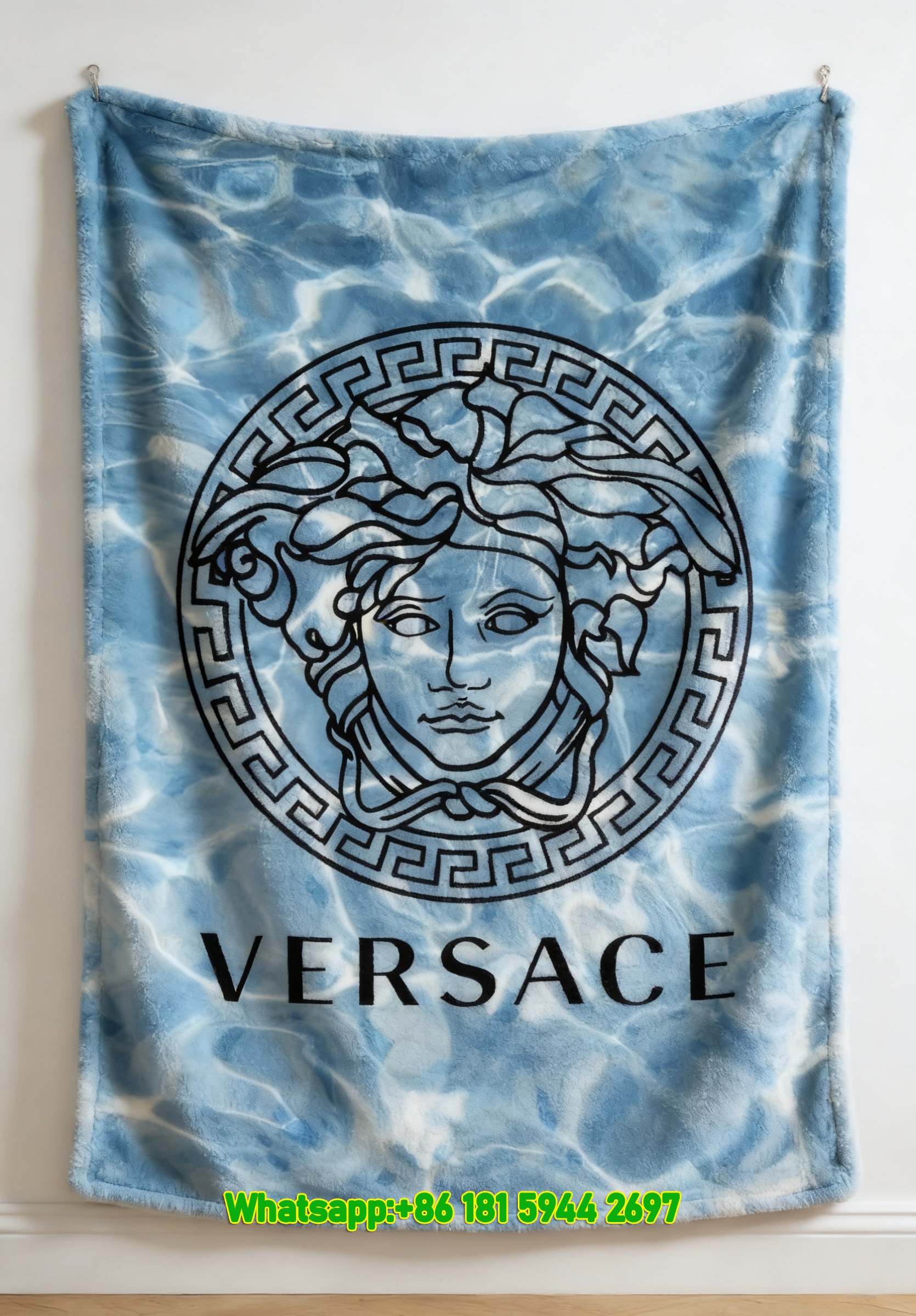 Versace Light Blue Water Ripple Medusa Print Flannel Throw Blanket Luxury Greek Key Patterned Sofa Cover Blanket IMG_1337
